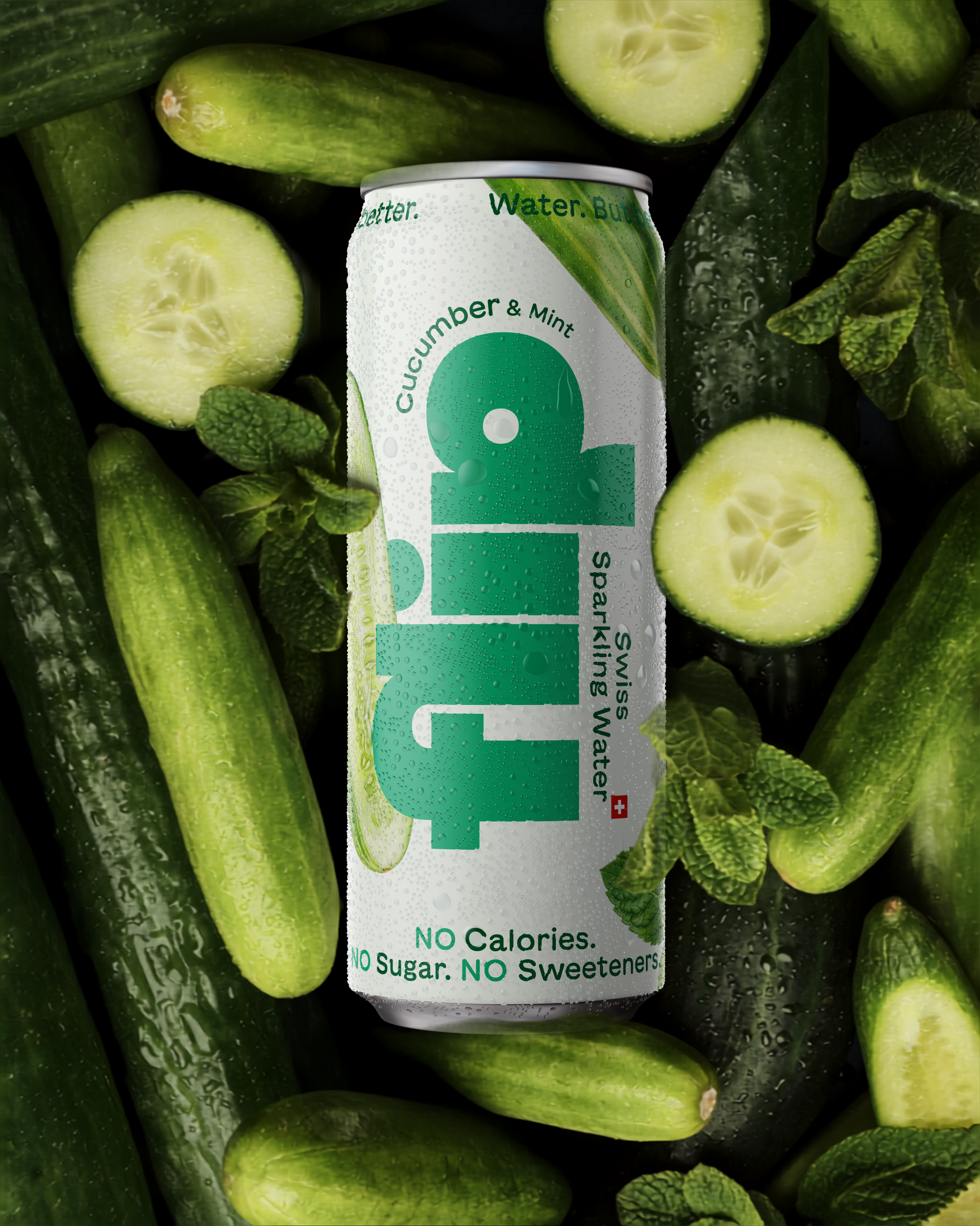 Can of flip sparkling water surrounded by cucumbers and mint leaves