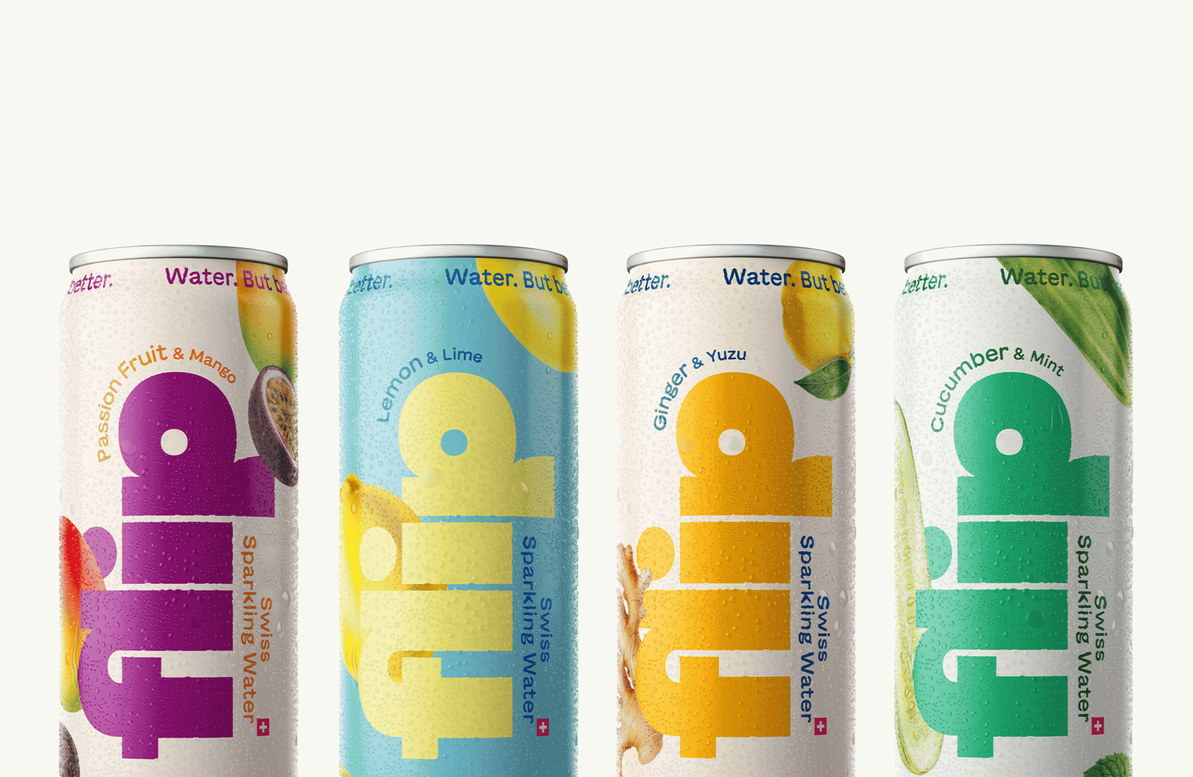 Four cans of 'flip' sparkling water with different fruit flavor labels on a white background.