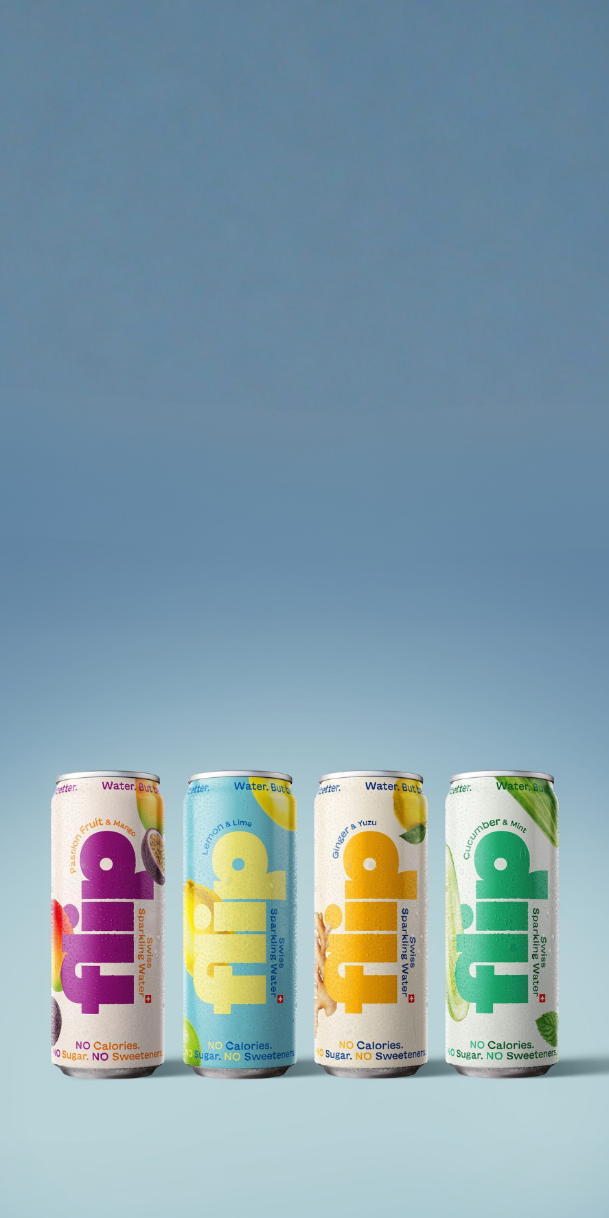 Four colorful cans of Flip drinks against a blue background
